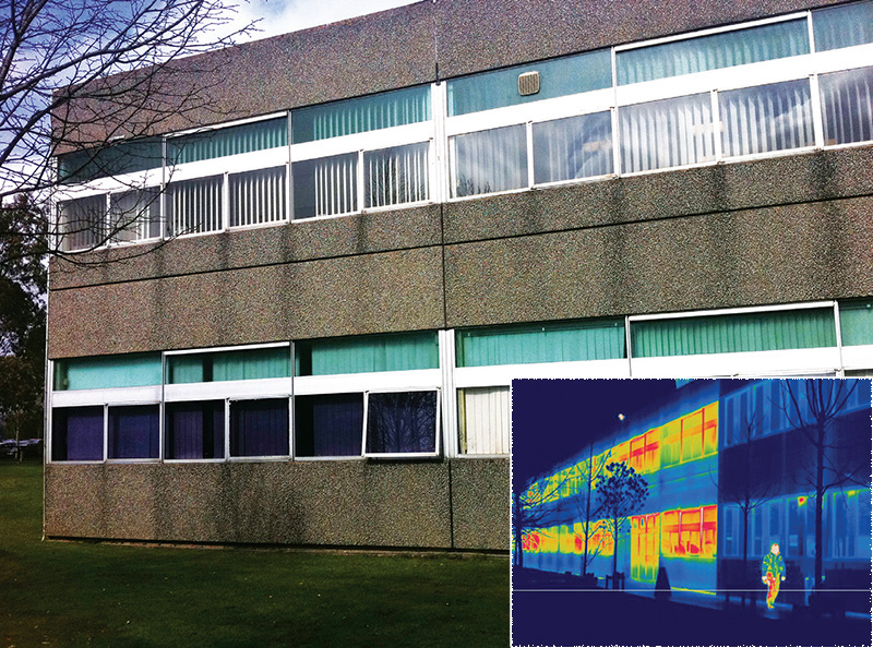 Dating from 1974, the original walls and windows have risible U-values of 1.77 and circa 5 W/m2K respectively. The pilot project has reduced the wall U-values of the upgraded section to just 0.11, with windows improved to 1 W/m2K. A thermal image makes the profound efficiency improvement tangible. Dating from 1974, the original walls and windows have risible U-values of 1.77 and circa 5 W/m2K respectively. The pilot project has reduced the wall U-values of the upgraded section to just 0.11, with windows improved to 1 W/m2K. A thermal image makes the profound efficiency improvement tangible.