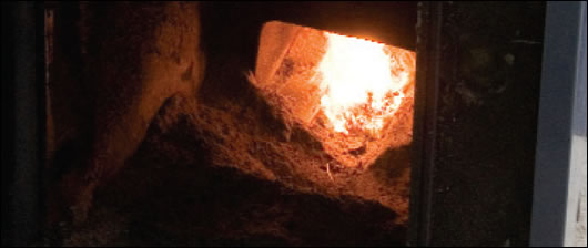 A wood pellet boiler with door open to show burning A wood pellet boiler with door open to show burning