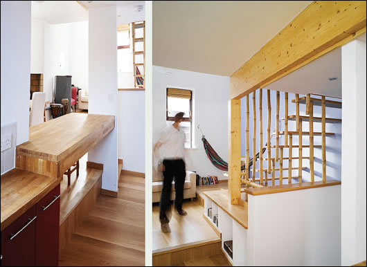 Inner Space A combination of open-plan living and natural light give the space a clean, modern and surprisingly spacious feel ; even single floors in the house are divided into multiple levels (right) to add to the feeling of space