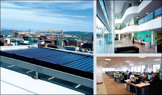 North Star (Clockwise from top left) Evacuated tube solar panels on the roof othe building; The double height, glass fronted reception area where movement up to the first and second floors level can be seen; All floors are fully open plan to encourage a collaborative working environment and improved communication; floor voids form a vital part of the building's ventilation strategy
