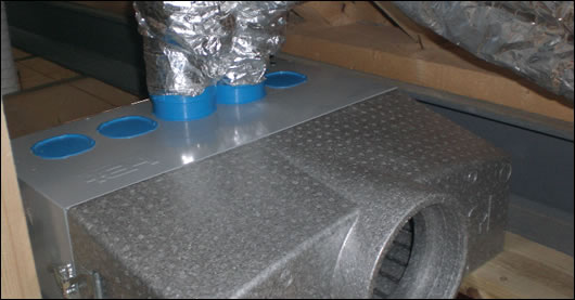 A Quality HRV ventilation system with two of its polyethelene ducts in place during installation at a house in Blackrock, County Dublin A Quality HRV ventilation system with two of its polyethelene ducts in place during installation at a house in Blackrock, County Dublin