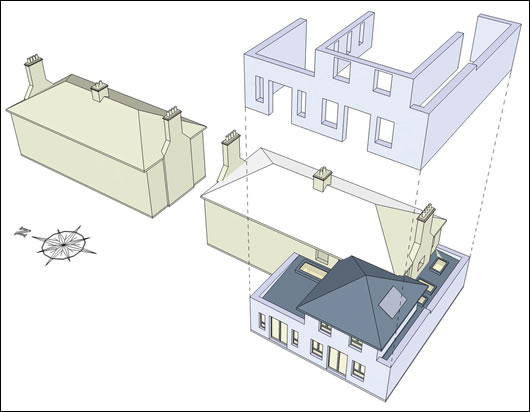 Figure 3: Exploded 3D view of study house focusing on new walls Figure 3: Exploded 3D view of study house focusing on new walls