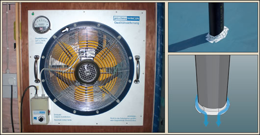 (clockwork from left) the Pro Clima Wincon, the ‘air-tightness spirit level’; wind-tight sealing of a round penetration; note the overlapping layers of tape to allow water run-off (clockwork from left) the Pro Clima Wincon, the ‘air-tightness spirit level’; wind-tight sealing of a round penetration; note the overlapping layers of tape to allow water run-off