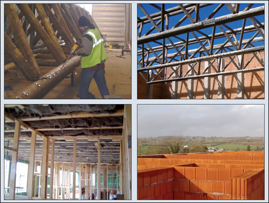 (clockwise, l-r) 200mm of Sheep Wool Insulation was installed in the roof of the factory floor, with 100mm in the roof of the storage area; Vreenegoor’s own team of labourers assembled the timber trusses in a purpose-built facility behind the factory; the T12 poroton block walls, concrete pillars and timber trusses during the building's construction; 365mm T12 Poroton blocks comprise the bulk of the building's structure (clockwise, l-r) 200mm of Sheep Wool Insulation was installed in the roof of the factory floor, with 100mm in the roof of the storage area; Vreenegoor’s own team of labourers assembled the timber trusses in a purpose-built facility behind the factory; the T12 poroton block walls, concrete pillars and timber trusses during the building's construction; 365mm T12 Poroton blocks comprise the bulk of the building's structure