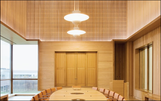 The main board room is one of the few parts of the building that is artificially ventilated, and is strikingly fitted out with FSC certified American Ash The main board room is one of the few parts of the building that is artificially ventilated, and is strikingly fitted out with FSC certified American Ash