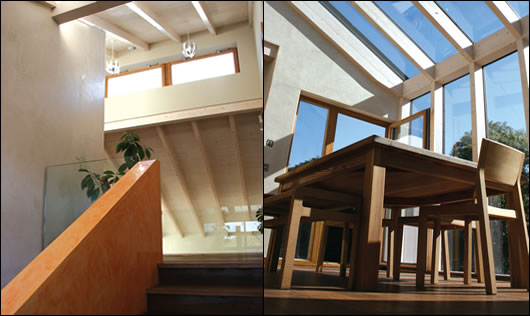 (left) glass balustrades help to make the most of light entering the house through clerestory windows; (right) the extensively glazed dining area adjacent to the kitchen (left) glass balustrades help to make the most of light entering the house through clerestory windows; (right) the extensively glazed dining area adjacent to the kitchen