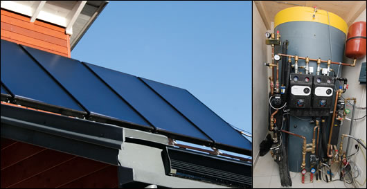 The ten roof-mounted solar panels have been sited just above the main south-facing glazed sections and feed into a 1,500L buffer tank in the boiler room (below right), which acts as the centralised heat store for the house The ten roof-mounted solar panels have been sited just above the main south-facing glazed sections and feed into a 1,500L buffer tank in the boiler room (below right), which acts as the centralised heat store for the house
