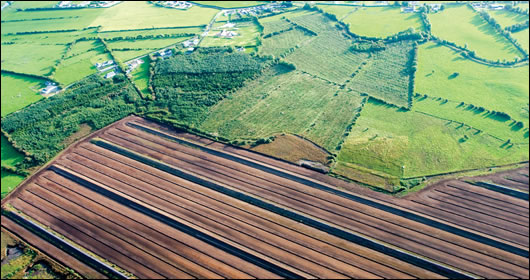 An aerial view of a bog harvested by Bord na Móna in the Bog of Allen, County Kildare An aerial view of a bog harvested by Bord na Móna in the Bog of Allen, County Kildare