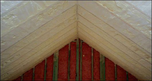 in some houses Icynene foam insulation is used between the rafters in the attic spaces; in some houses Icynene foam insulation is used between the rafters in the attic spaces;