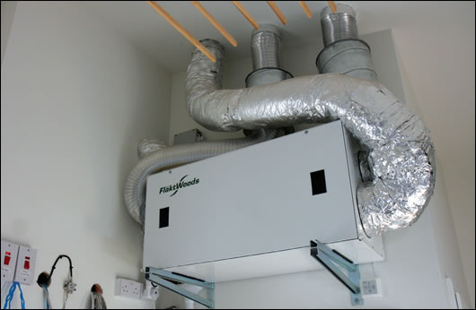 A heat recovery ventilation unit contributes to space heating but most heat is supplied by the Oschner air-source heat pump A heat recovery ventilation unit contributes to space heating but most heat is supplied by the Oschner air-source heat pump