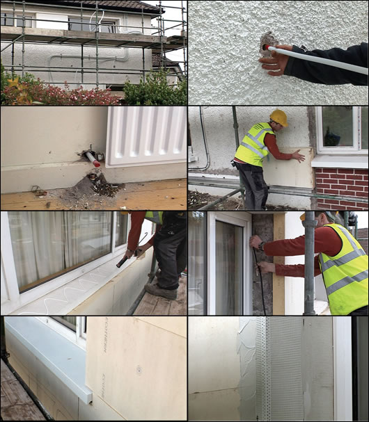 (top to bottom) Hugh Egan’s home is upgraded with joint-free heating pipes attached to the external walls and fed through the walls; insulation applied to the wall; the window sill is prepared for polyurethane insulation and a powder coated aluminium over-sill; sealing around the window before insulating the cutback reveals; insulation is cut and fitted around the new sill; an adhesive coat with embedded alkali resistant mesh is applied; (top to bottom) Hugh Egan’s home is upgraded with joint-free heating pipes attached to the external walls and fed through the walls; insulation applied to the wall; the window sill is prepared for polyurethane insulation and a powder coated aluminium over-sill; sealing around the window before insulating the cutback reveals; insulation is cut and fitted around the new sill; an adhesive coat with embedded alkali resistant mesh is applied;