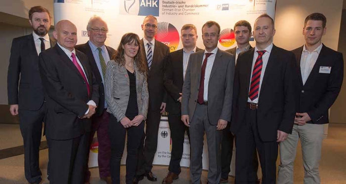 Pictured at the showcase are (l-r) Passive House Plus editor Jeff Colley; German Irish Chamber of Industry &amp; Commerce CEO Ralf Lissek; Ecological Building Systems&#039; Peter Smith; German Irish Chamber head of marketing Aideen Keenan; German Federal Ministry of Economic Affairs and Energy&#039;sReinhard Giese; Kinviro director Frank Daly; Frenger Systeme BV&#039;s Dr Klaus Menge; Senertec&#039;s Markus Mueltner; Origen&#039;s business development manager Kevin Devine; and the Passive House Institute&#039;s Adrian Muskatewitz